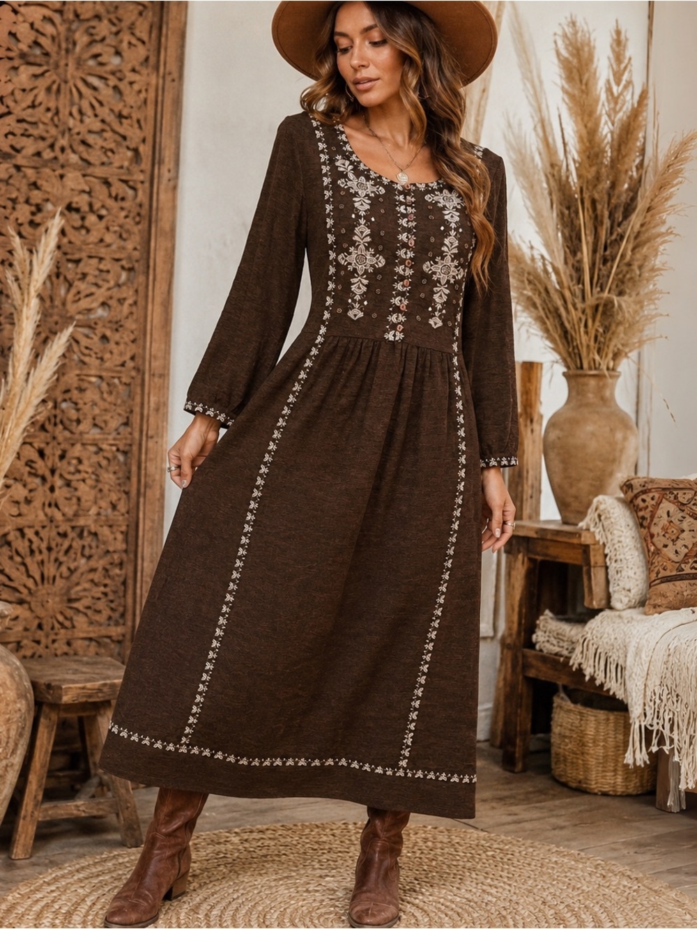 Sweet Magnolia Brown Embroidered Maxi Dress Boho Cottagecore Peasant Size small